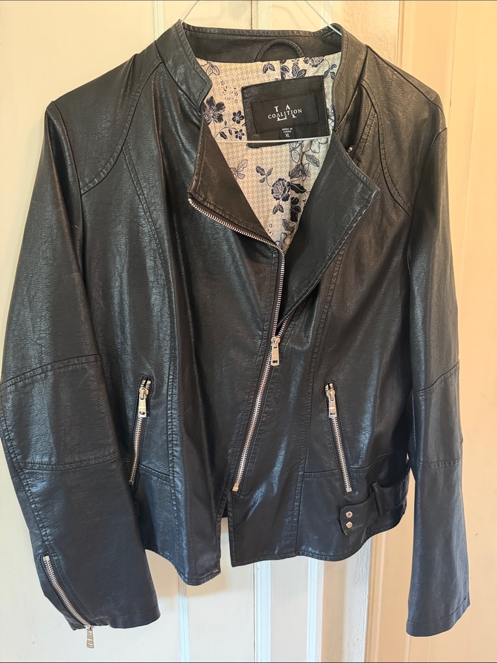 LA Coalition Women's Black Faux Leather Asymmetric Moto Jacket